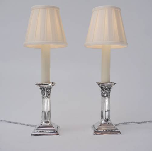 Antique pair Victorian Corinthian column silver plate candlestick table lamps, William Hutton & Sons, 1900`s ca, English.